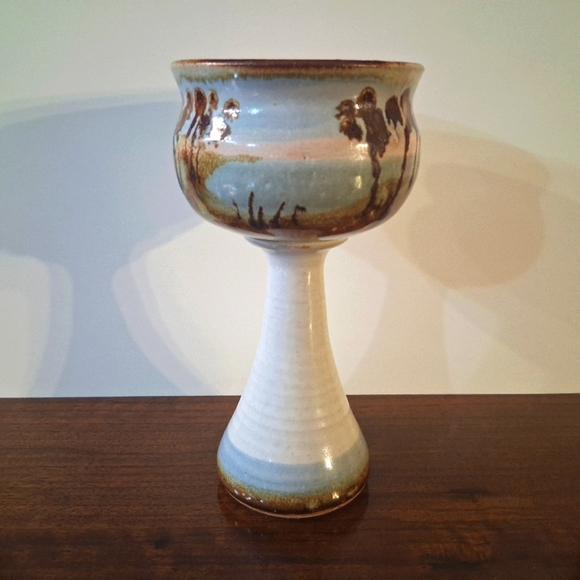 Signed Bonnie Staffel Pottery Chalice Goblet Wine Tropical Seascape Ocean Sunset - Picture 4 of 16